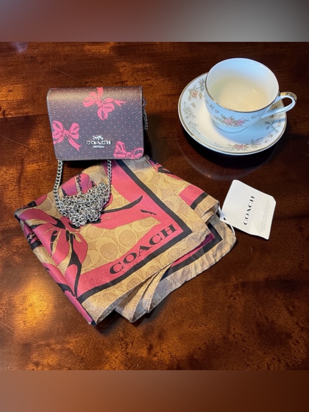 Coach Safiano Brown & Pink Bow Micro Mini Crossbody w/Silk Scarf (2pcs)
